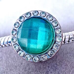 Teal‎ Crystal Halo Round Slide Charm Bracelet Silver Tone Sparkle fits PANDORA